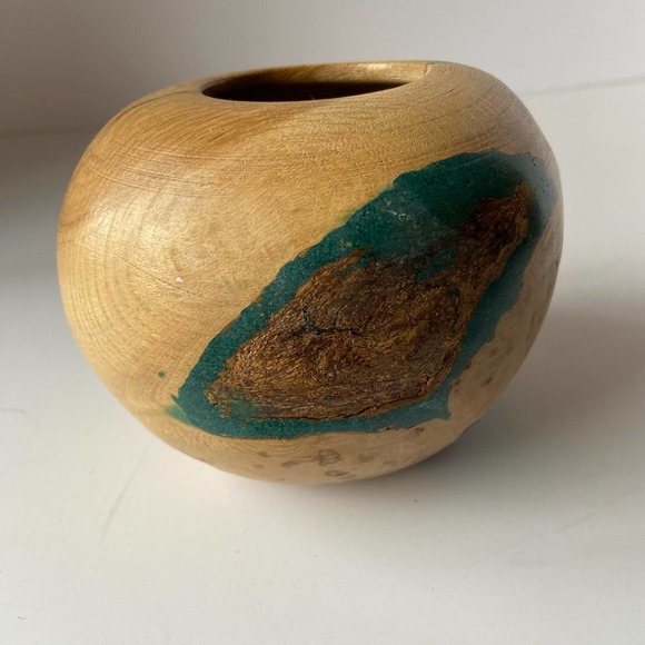 Oak Burl Vase Round Hand Carved Painted Art Studio Wood - Picture 9 of 14